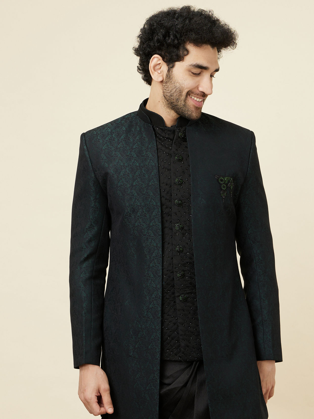Manyavar Men Forest Green and Black Asymmetric Hem Indo Western Set