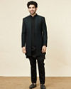 Manyavar Men Forest Green and Black Asymmetric Hem Indo Western Set