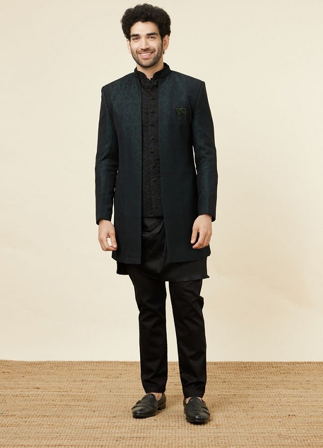 alt message - Manyavar Men Forest Green and Black Asymmetric Hem Indo-Western Set image number 3