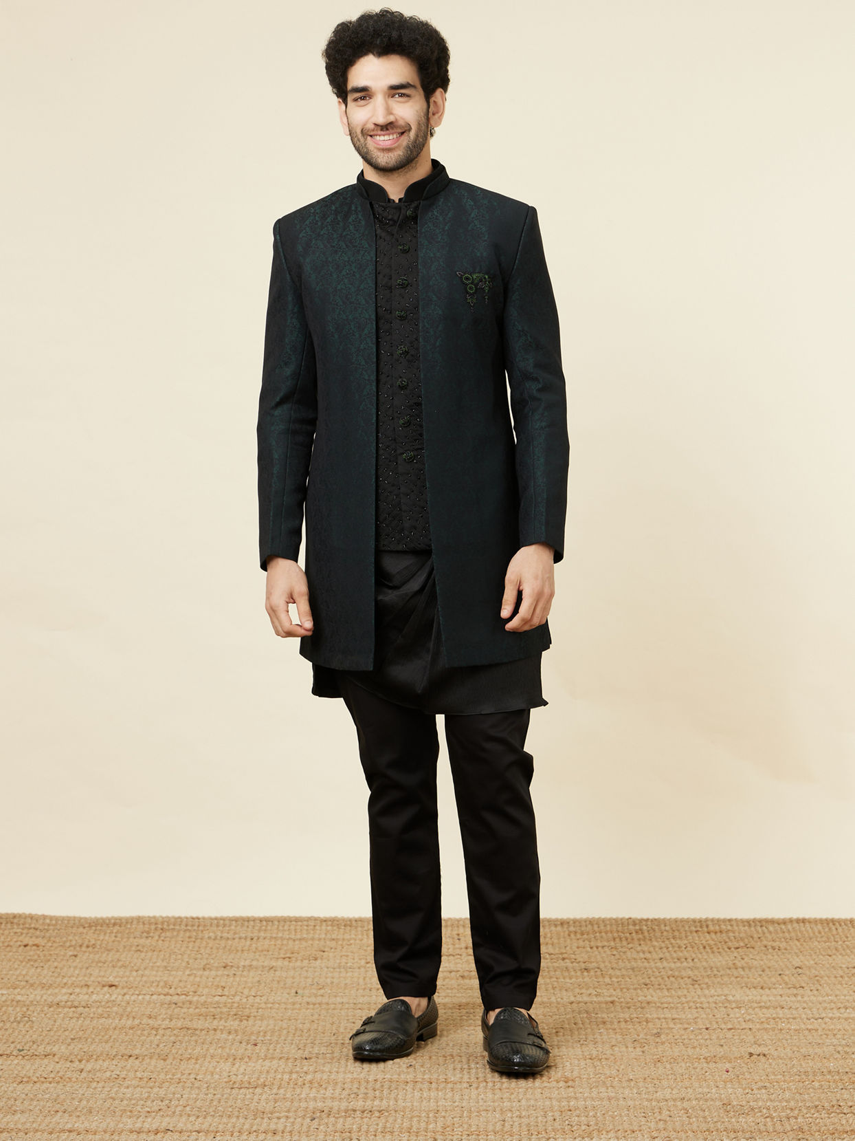 Manyavar Men Forest Green and Black Asymmetric Hem Indo Western Set