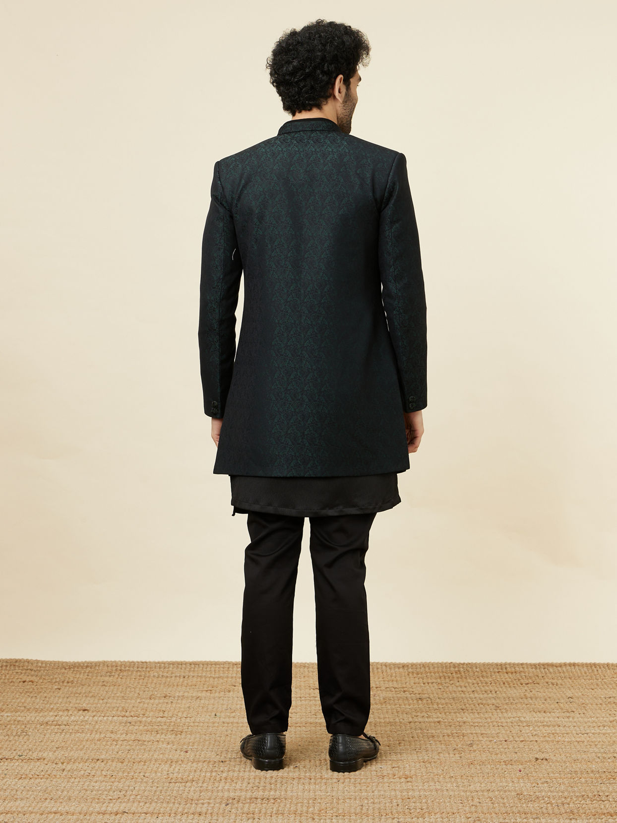 Manyavar Men Forest Green and Black Asymmetric Hem Indo Western Set
