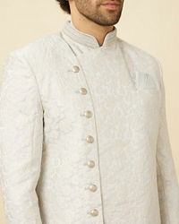 Manyavar Men Bright White Floral Patterned Angrakha Style Indo Western Set