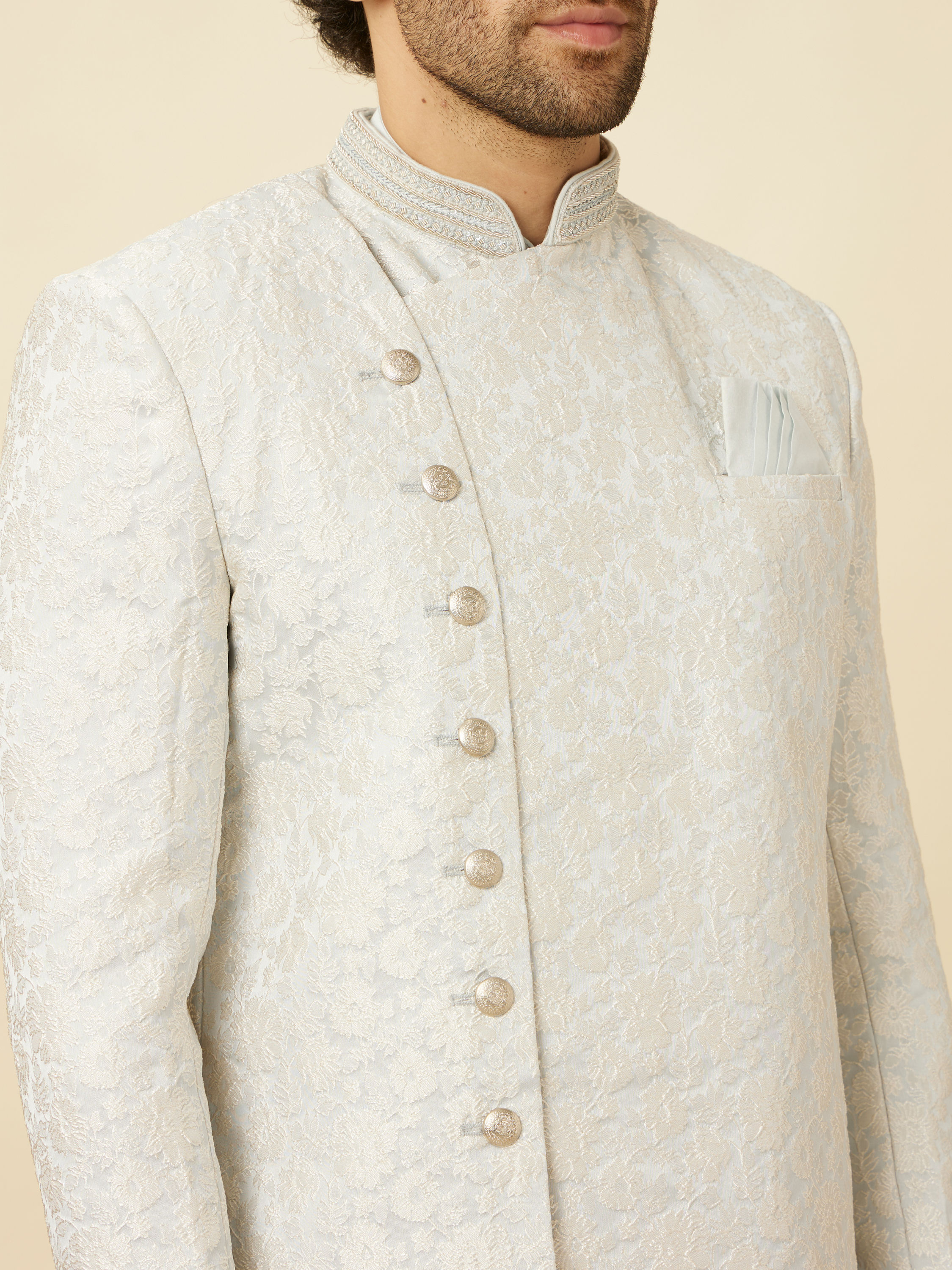 Manyavar Men Bright White Floral Patterned Angrakha Style Indo Western Set