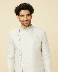 Manyavar Men Bright White Floral Patterned Angrakha Style Indo Western Set