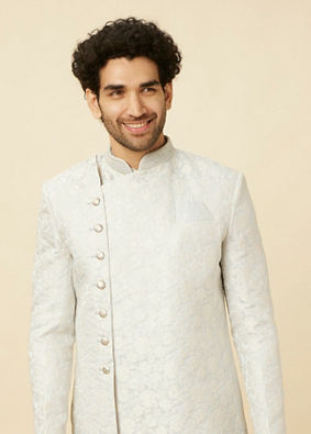 Bright White Floral Patterned Angrakha Style Indo Western Set