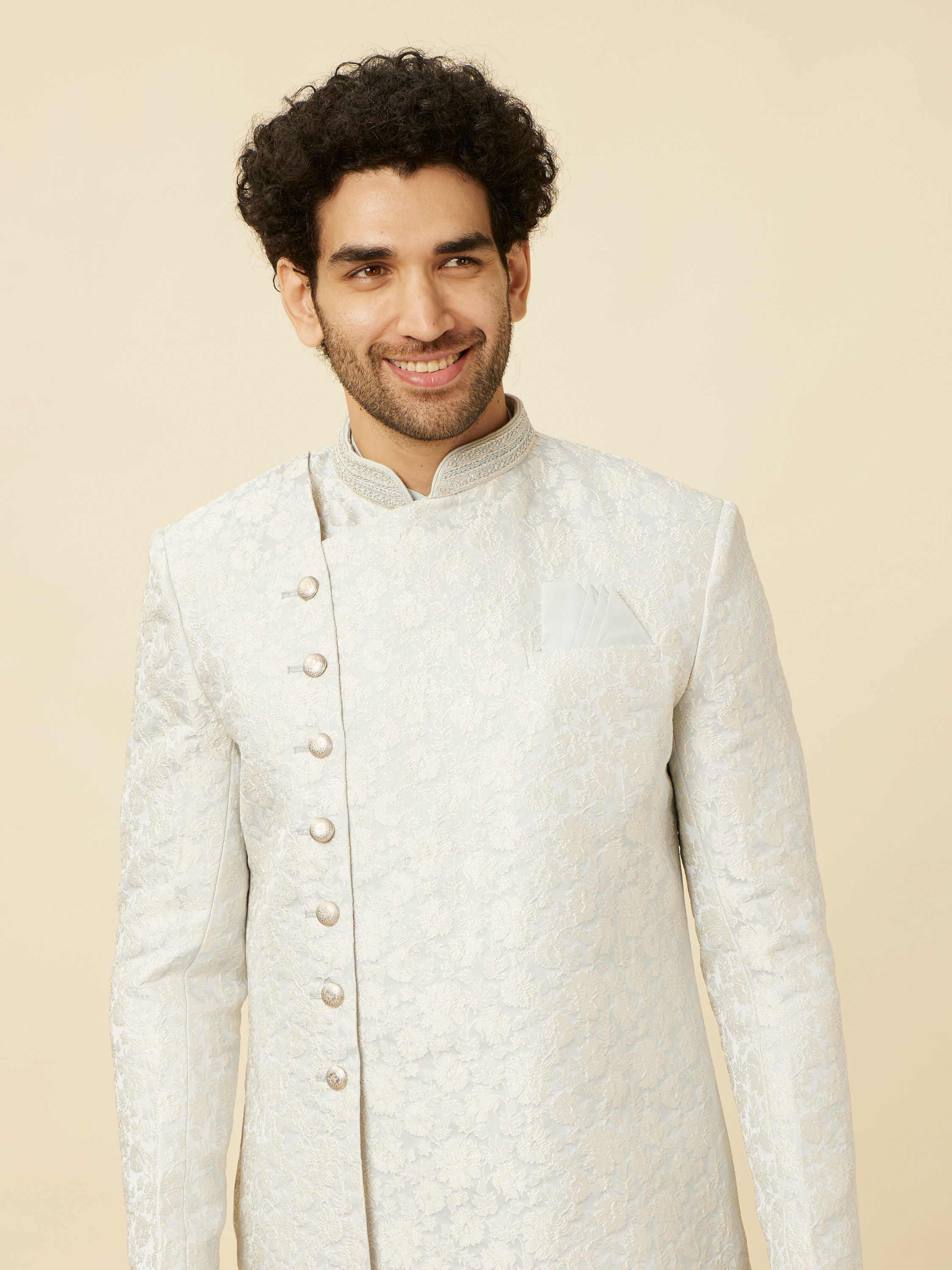 Manyavar Men Bright White Floral Patterned Angrakha Style Indo Western Set