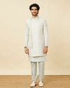 alt message - Manyavar Men Bright White Floral Patterned Angrakha Style Indo Western Set image number 3