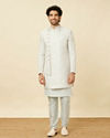 Manyavar Men Bright White Floral Patterned Angrakha Style Indo Western Set