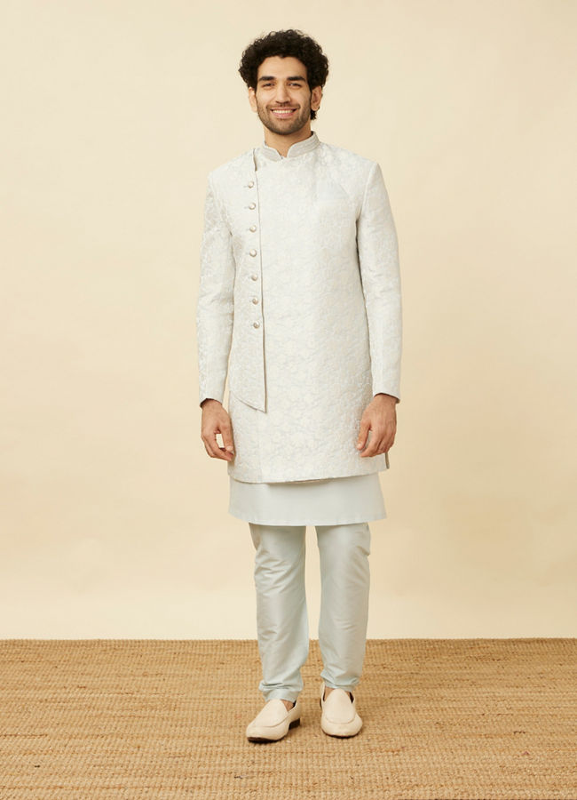 alt message - Manyavar Men Bright White Floral Patterned Angrakha Style Indo Western Set image number 3