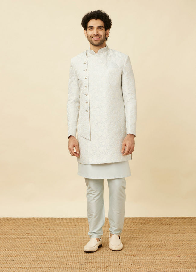 Manyavar Men Bright White Floral Patterned Angrakha Style Indo Western Set