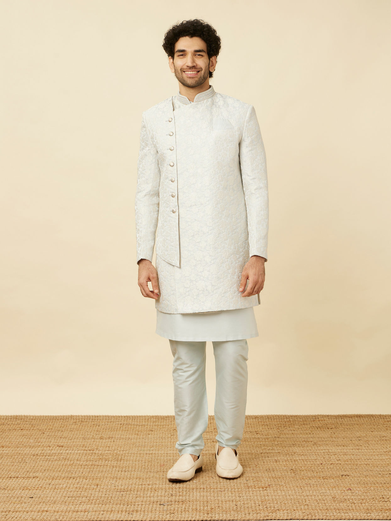 alt message - Manyavar Men Bright White Floral Patterned Angrakha Style Indo Western Set image number 3