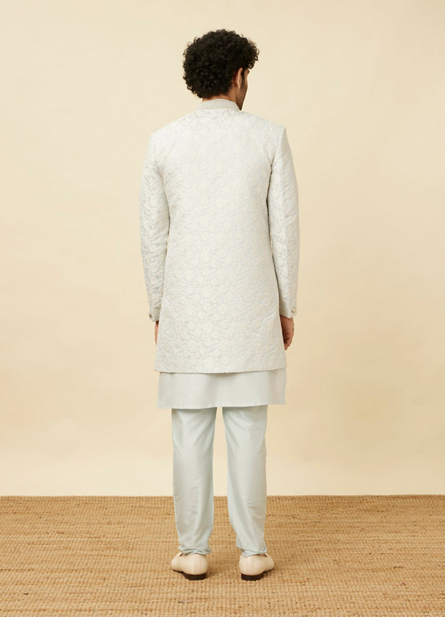 alt message - Manyavar Men Bright White Floral Patterned Angrakha Style Indo Western Set image number 5