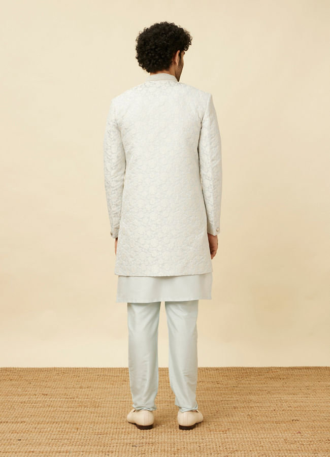 Manyavar Men Bright White Floral Patterned Angrakha Style Indo Western Set