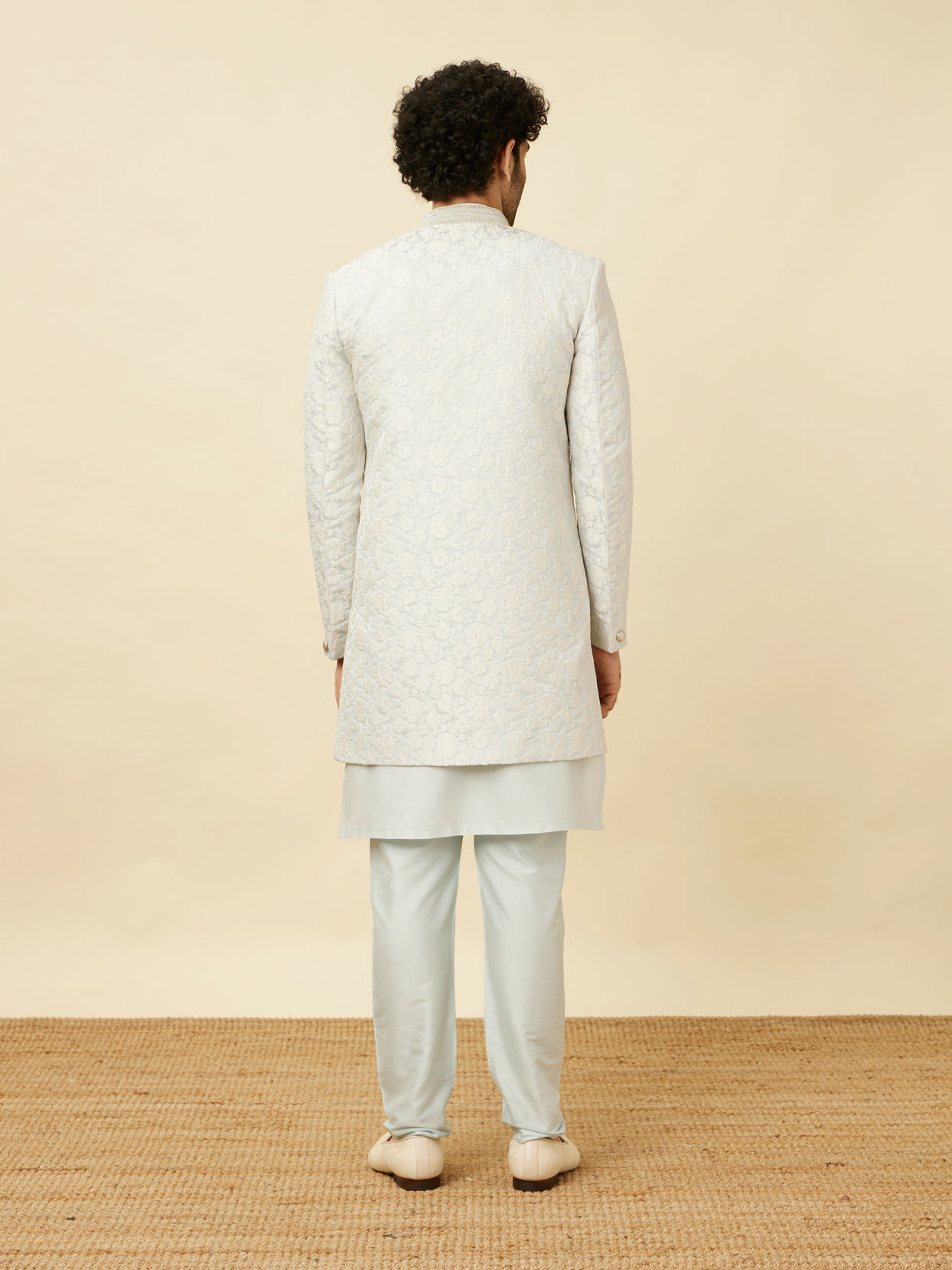 Manyavar Men Bright White Floral Patterned Angrakha Style Indo Western Set