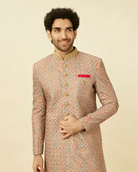 Manyavar Men Coral Pink Medallion Patterned Indo Western Set