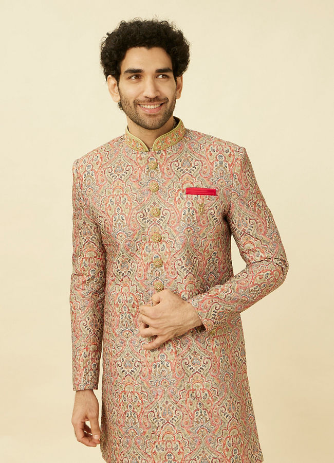 alt message - Manyavar Men Coral Pink Medallion Patterned Indo Western Set image number 0