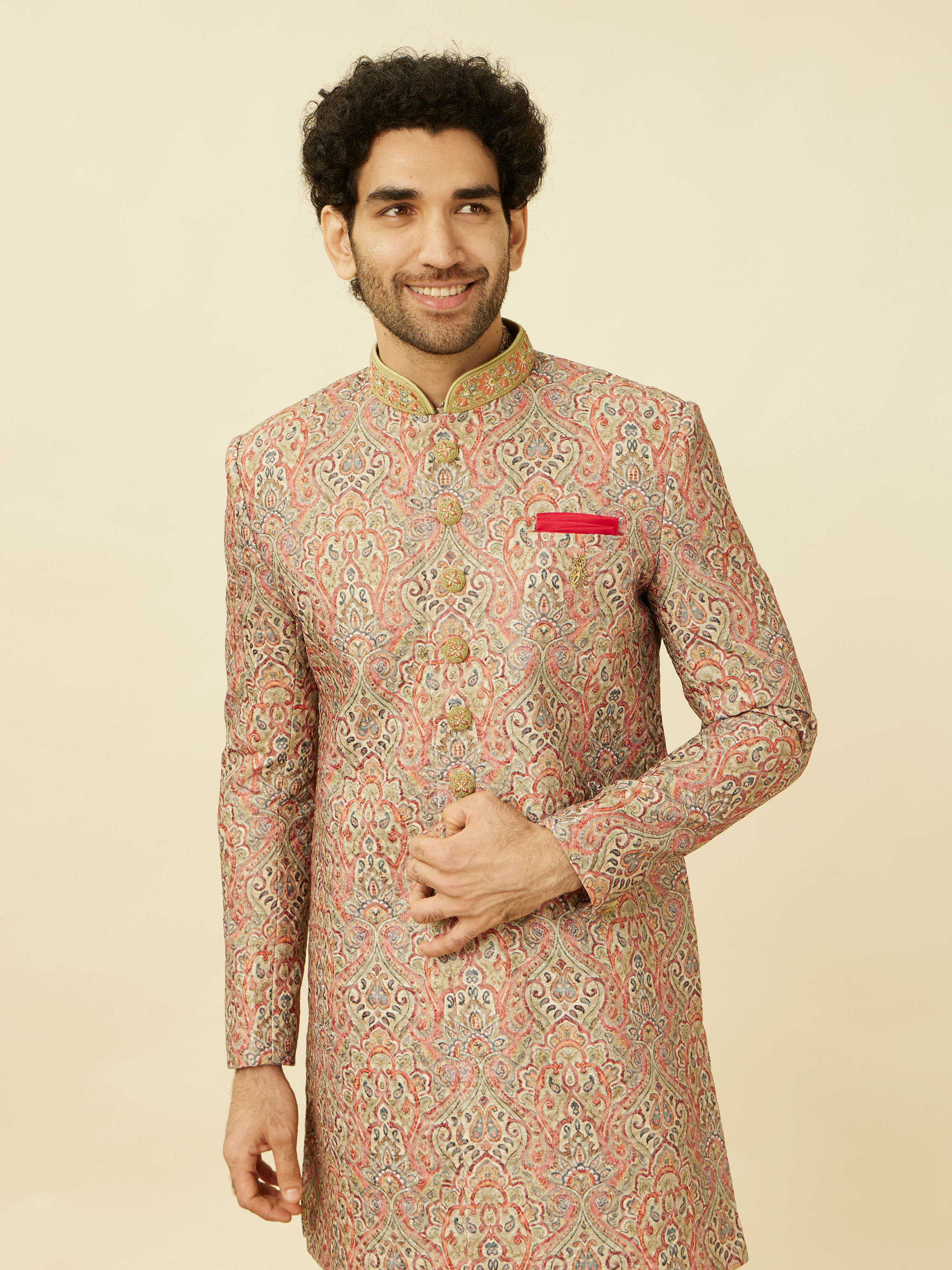 Manyavar Men Coral Pink Medallion Patterned Indo Western Set