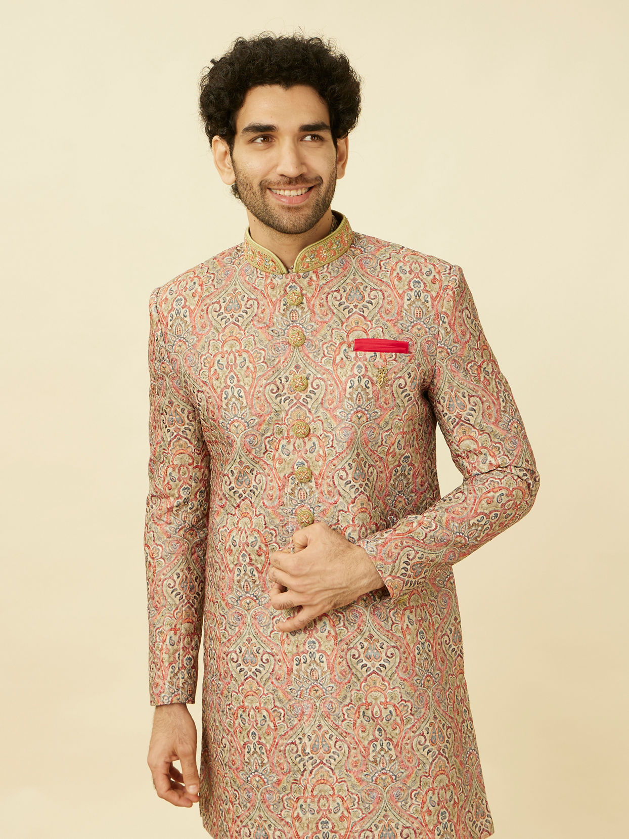 alt message - Manyavar Men Coral Pink Medallion Patterned Indo Western Set image number 0