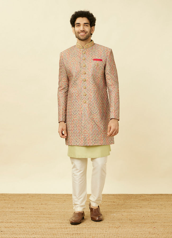 alt message - Manyavar Men Coral Pink Medallion Patterned Indo Western Set image number 2