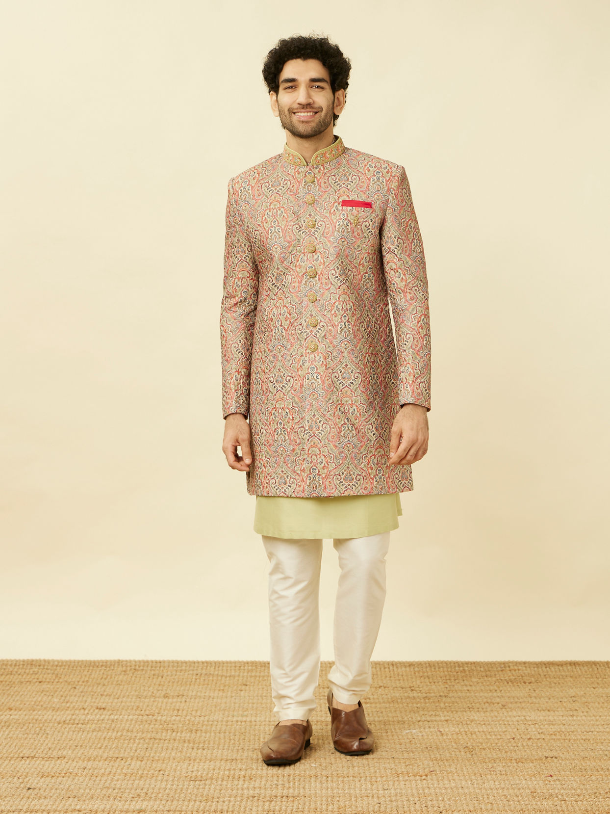 alt message - Manyavar Men Coral Pink Medallion Patterned Indo Western Set image number 2