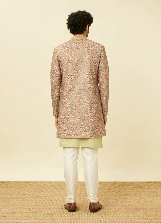 Manyavar Men Coral Pink Medallion Patterned Indo Western Set