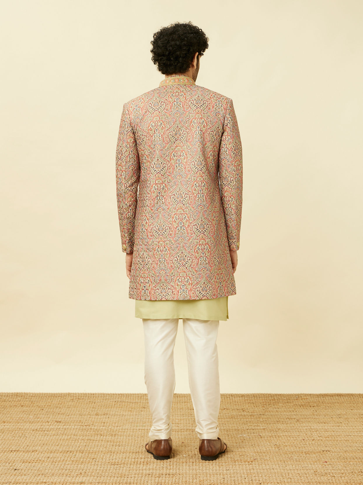 Manyavar Men Coral Pink Medallion Patterned Indo Western Set