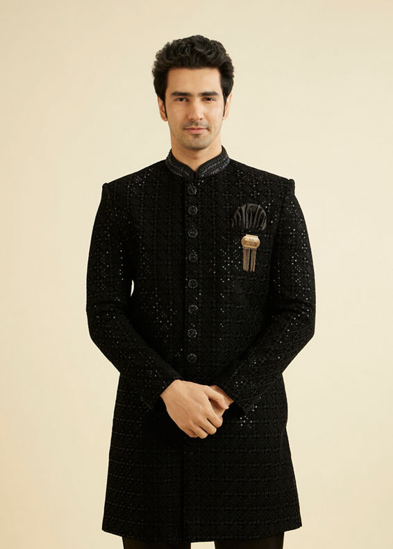 Manyavar Men Black Sequins Velvet Indo Western