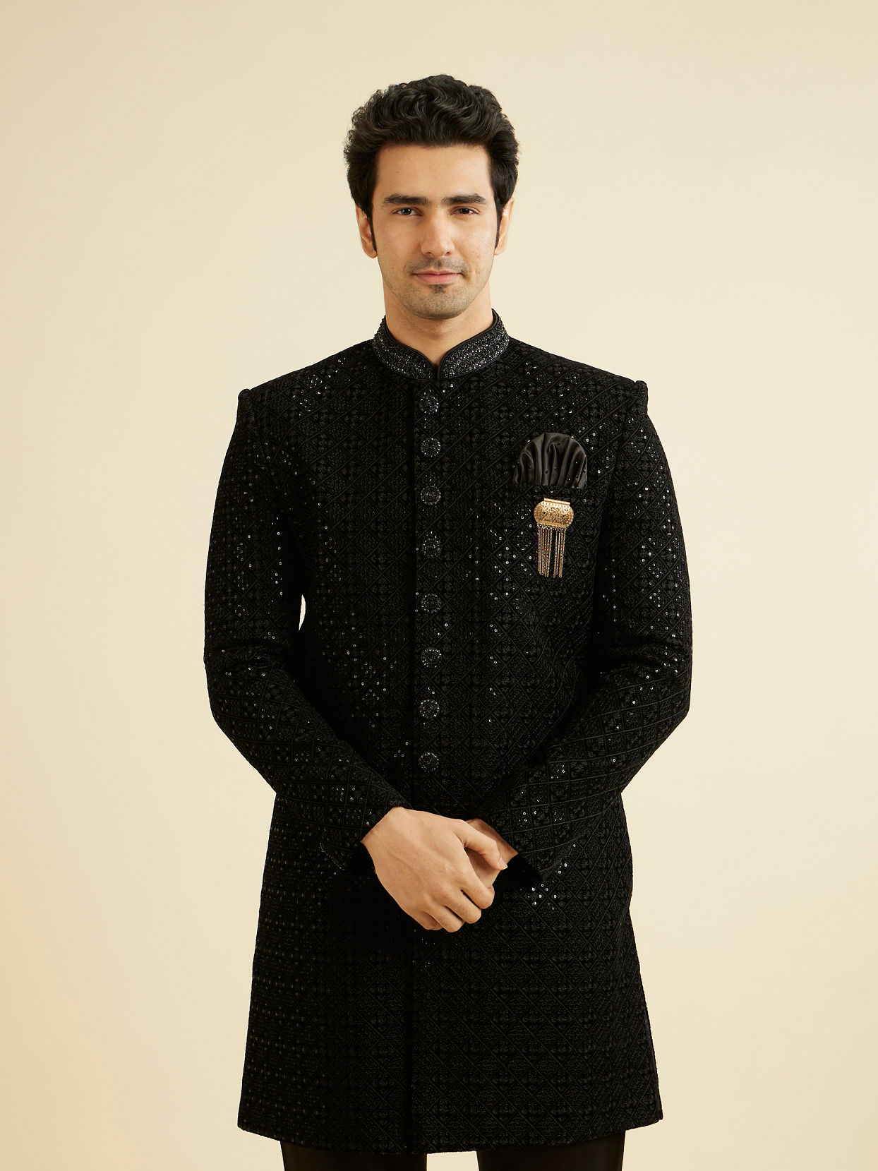 alt message - Manyavar Men Black Sequins Velvet Indo Western image number 0