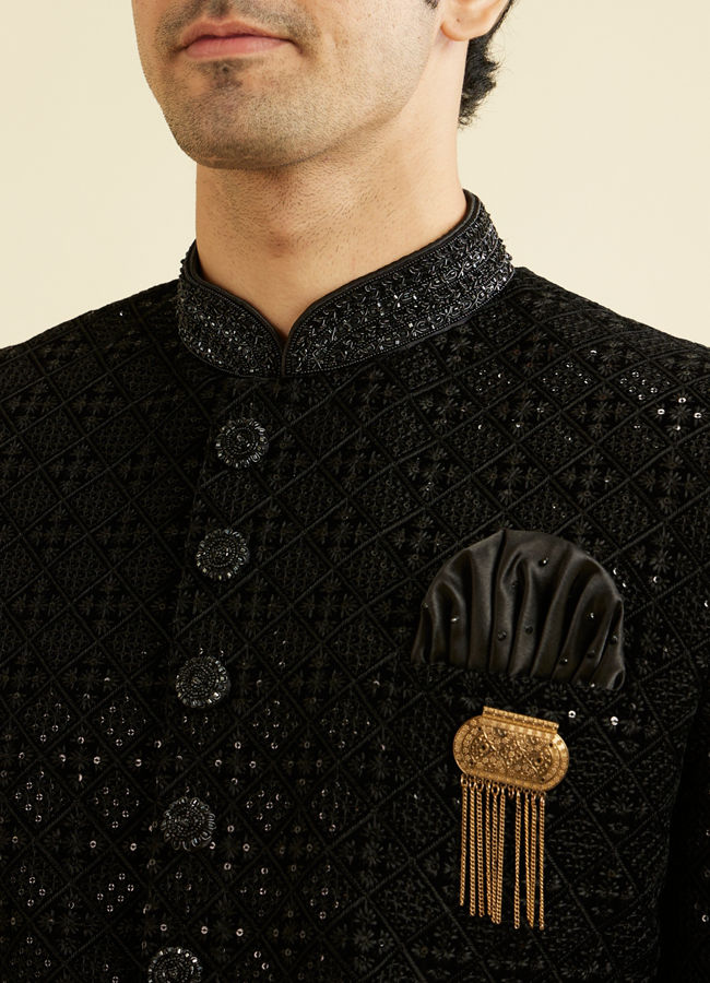 alt message - Manyavar Men Black Sequins Velvet Indo Western image number 1