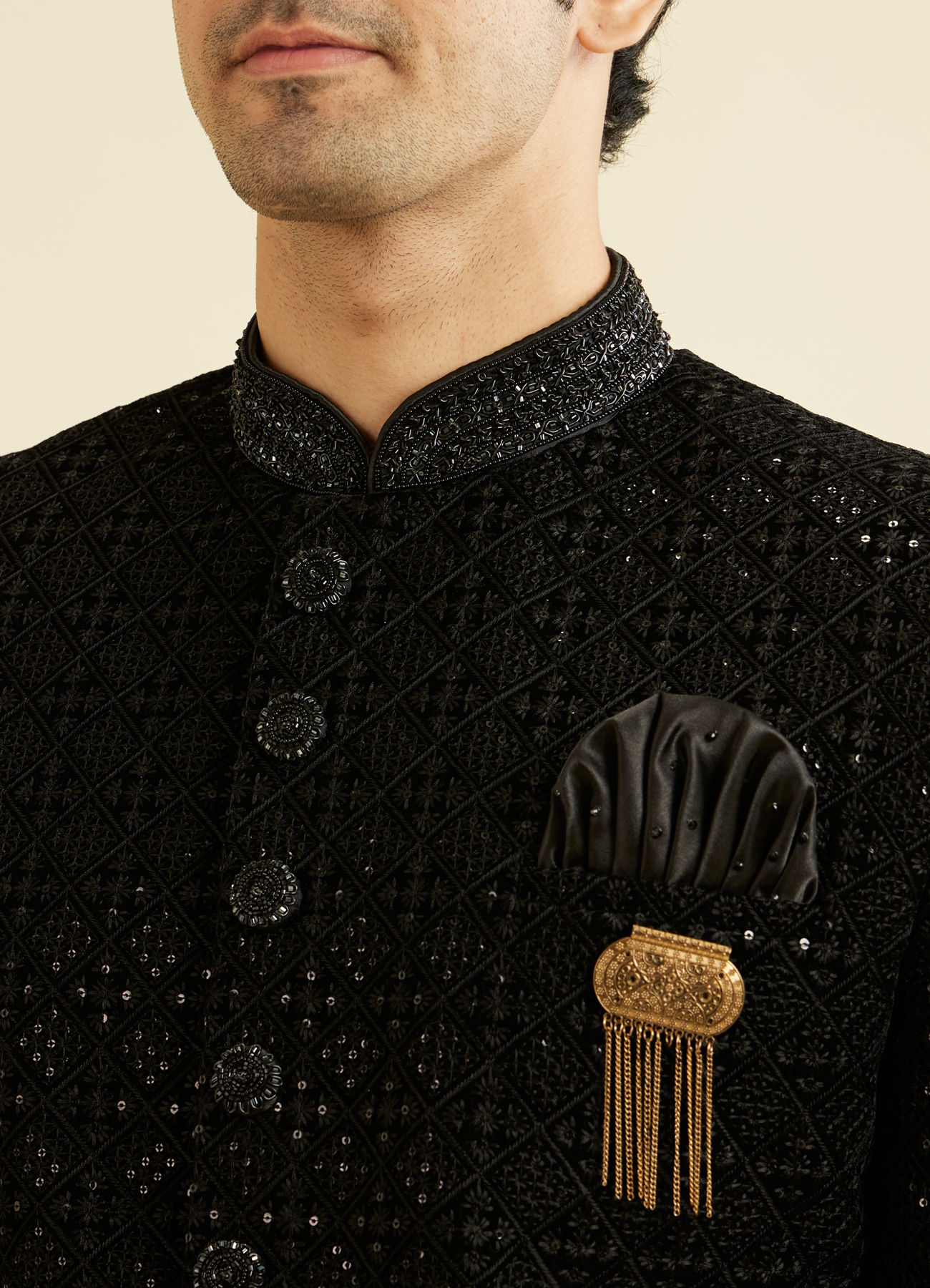 Manyavar Men Black Sequins Velvet Indo Western