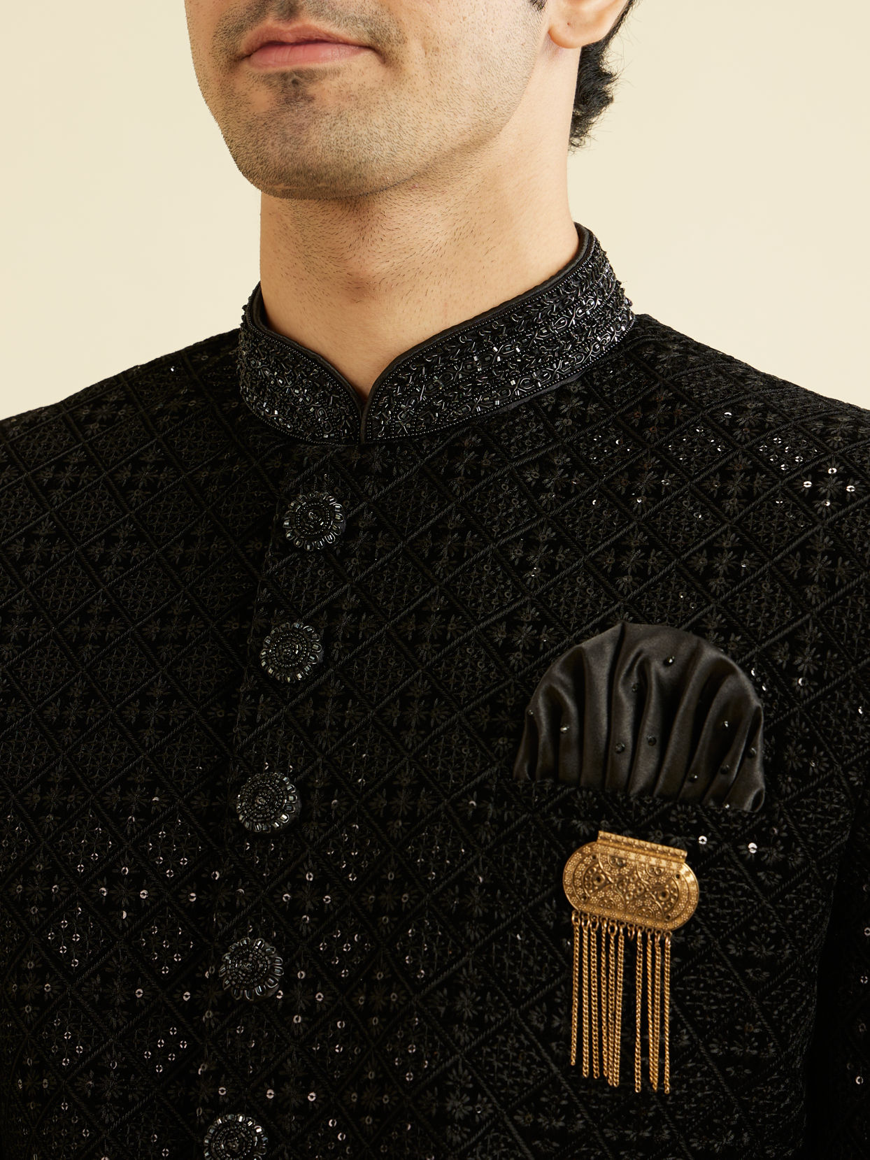 alt message - Manyavar Men Black Sequins Velvet Indo Western image number 1