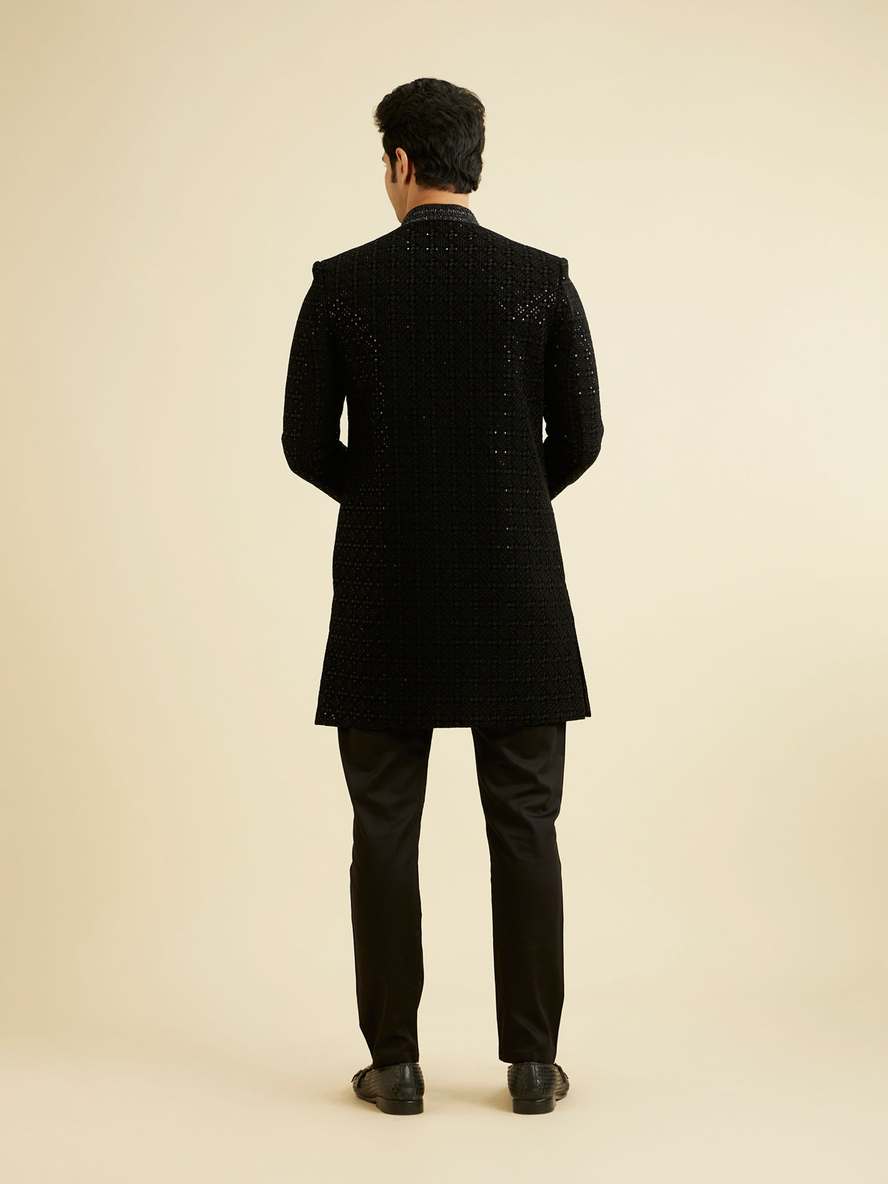 alt message - Manyavar Men Black Sequins Velvet Indo Western image number 4