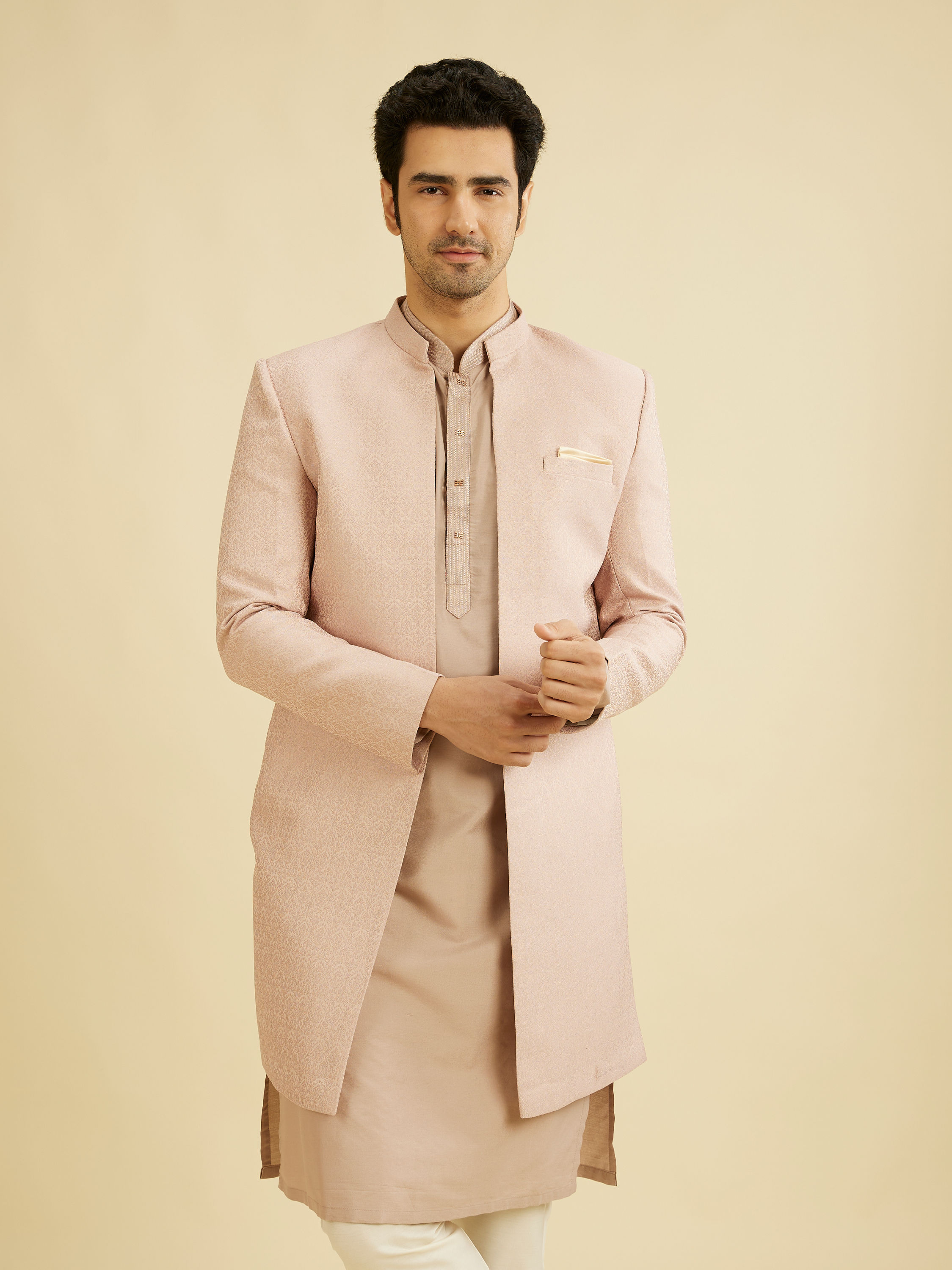 Manyavar Men Lilac Self Design Jacket Indo Western