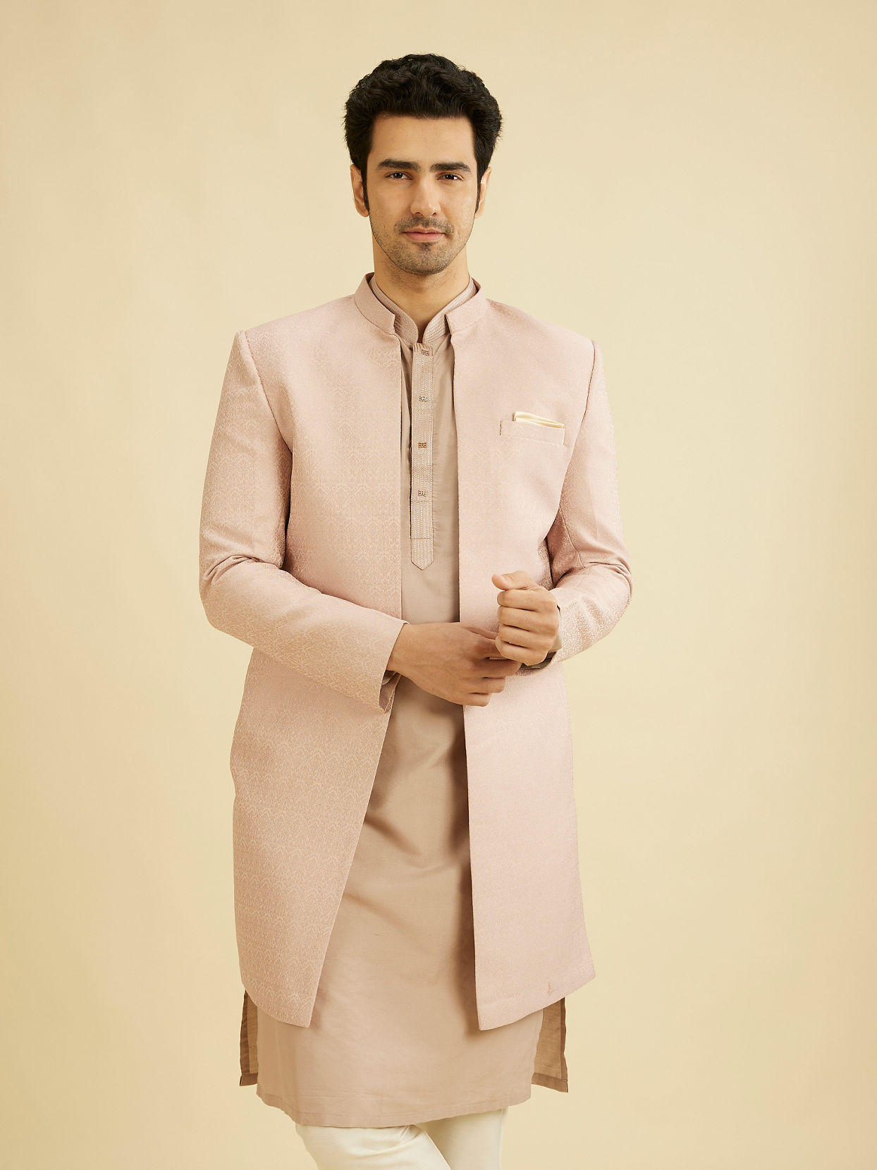 alt message - Manyavar Men Lilac Self Design Jacket Indo Western image number 0