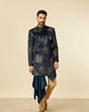 alt message - Manyavar Men Dark Blue Floral Patterned Indo Western Set image number 2