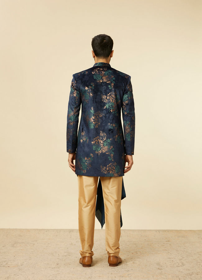 Manyavar Men Dark Blue Floral Patterned Indo Western Set