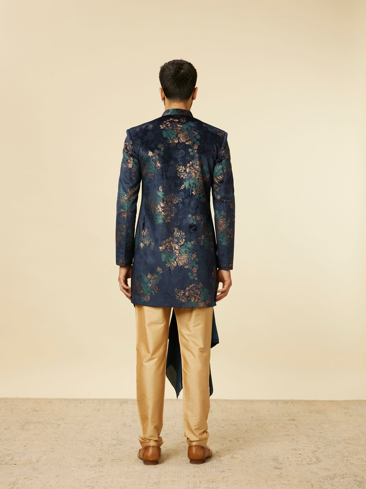 Manyavar Men Dark Blue Floral Patterned Indo Western Set