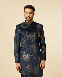 Manyavar Men Dark Blue Floral Patterned Indo Western Set