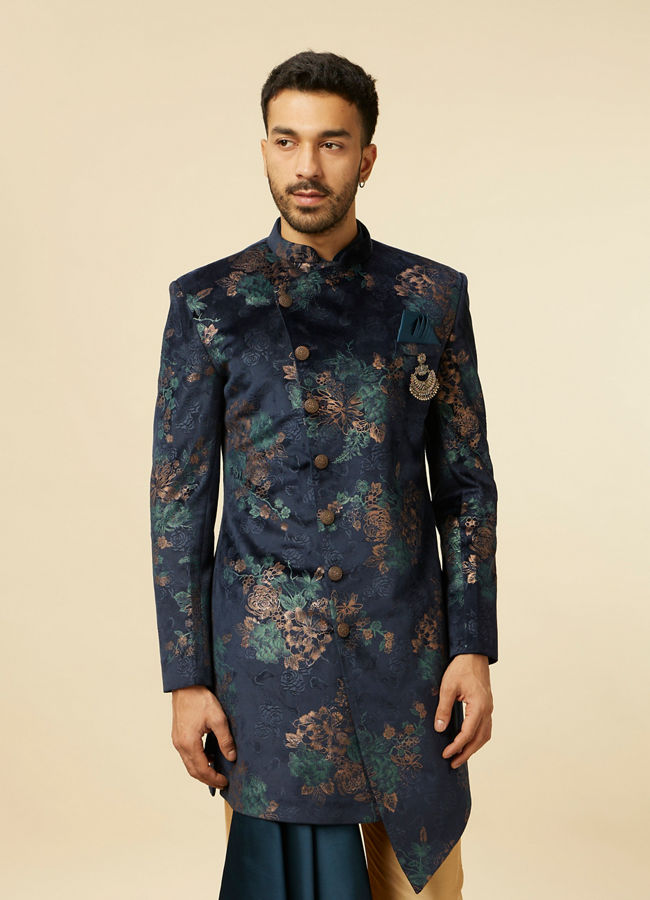 alt message - Manyavar Men Dark Blue Floral Patterned Indo Western Set image number 0