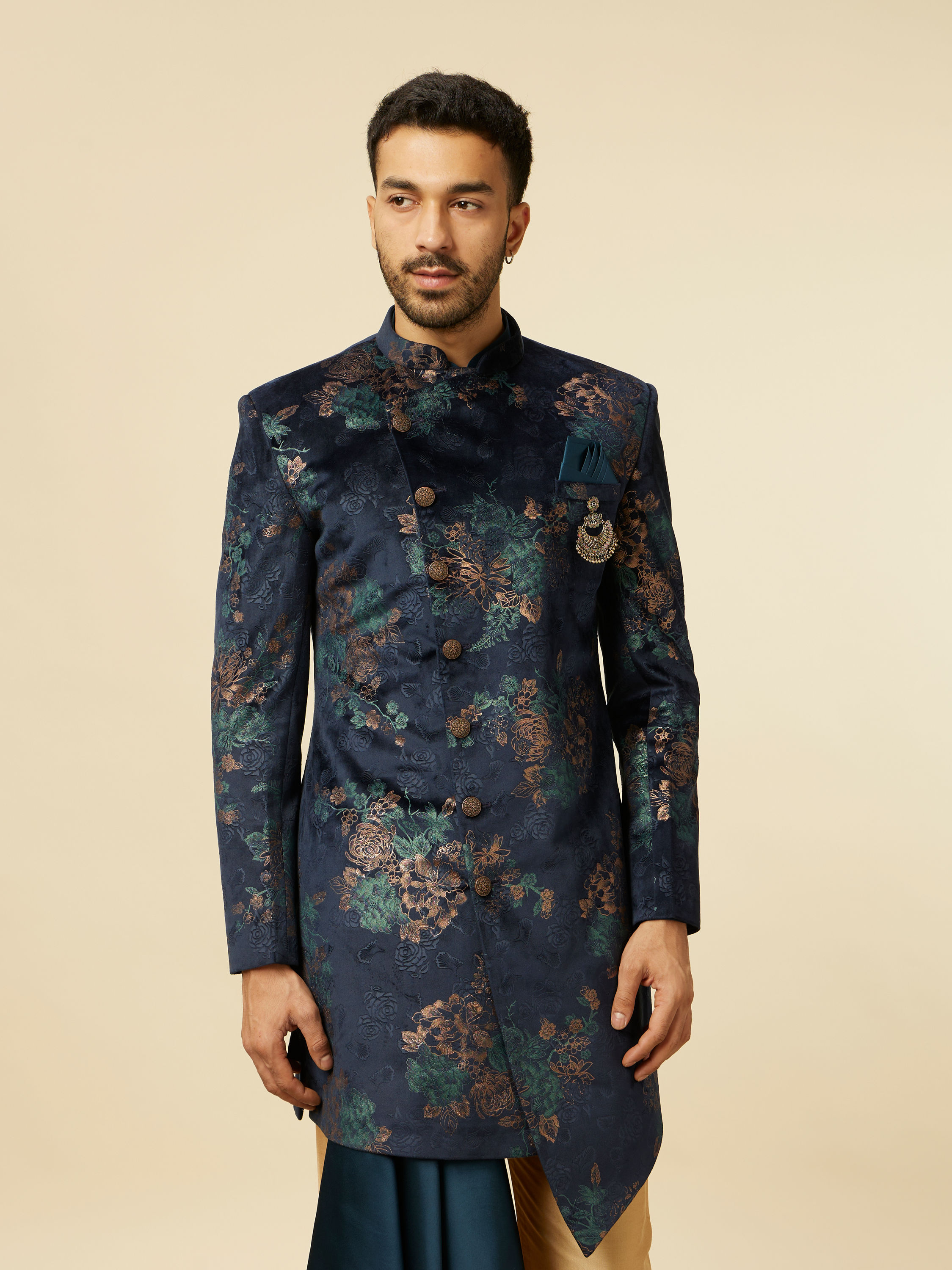 Manyavar Men Dark Blue Floral Patterned Indo Western Set