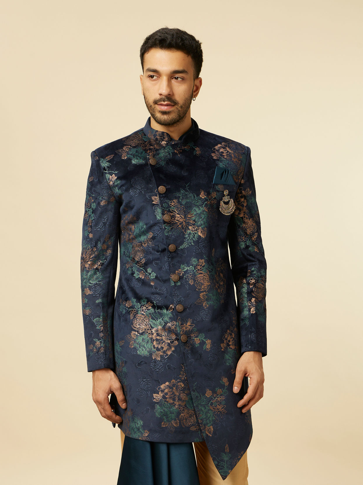 alt message - Manyavar Men Dark Blue Floral Patterned Indo Western Set image number 0