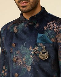 Manyavar Men Dark Blue Floral Patterned Indo Western Set