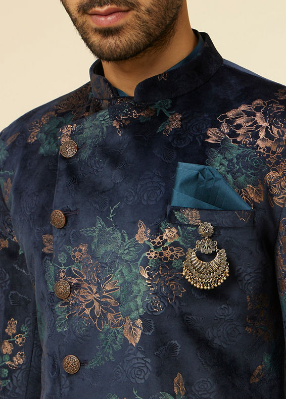 Manyavar Men Dark Blue Floral Patterned Indo Western Set