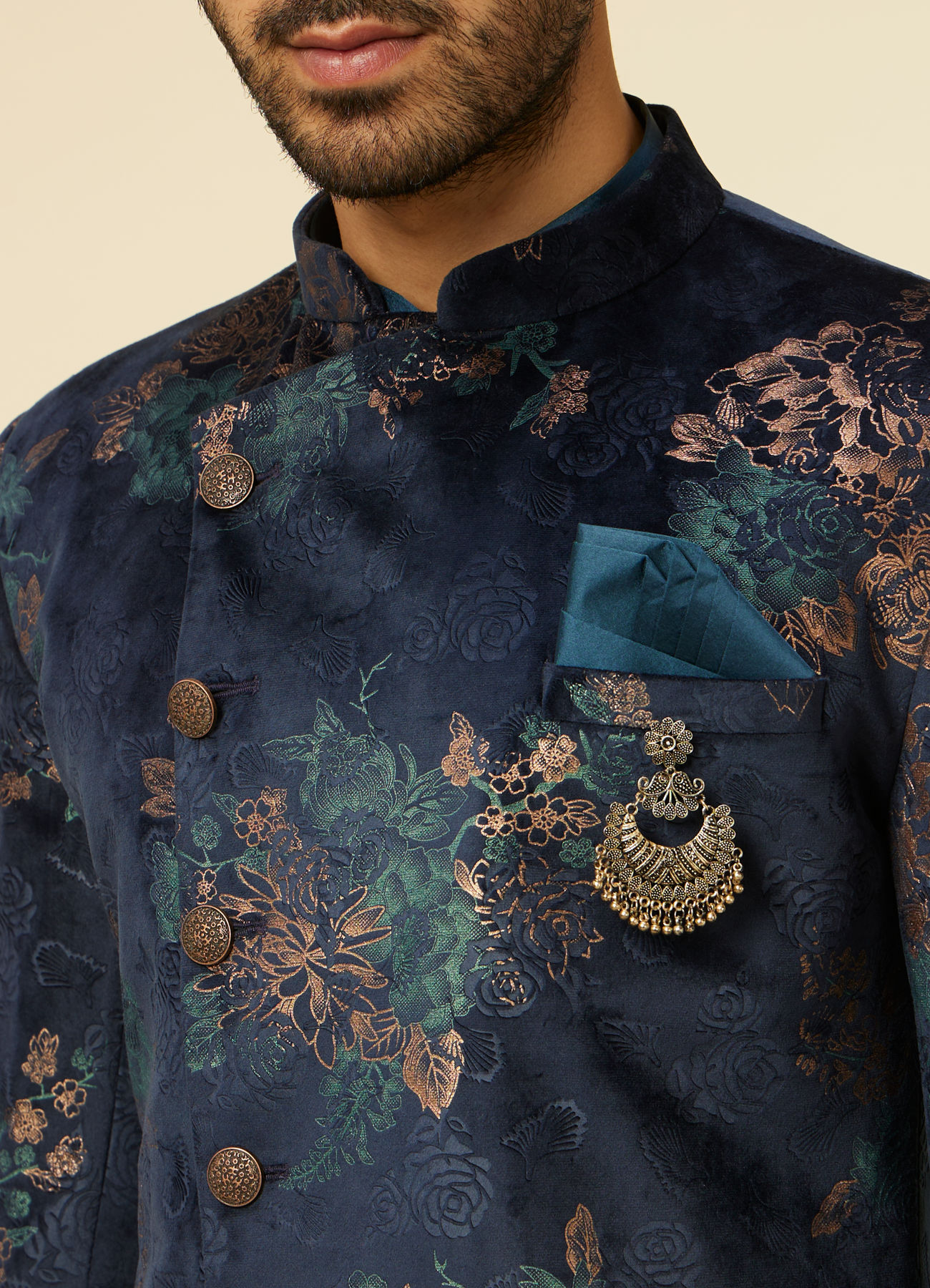 Manyavar Men Dark Blue Floral Patterned Indo Western Set