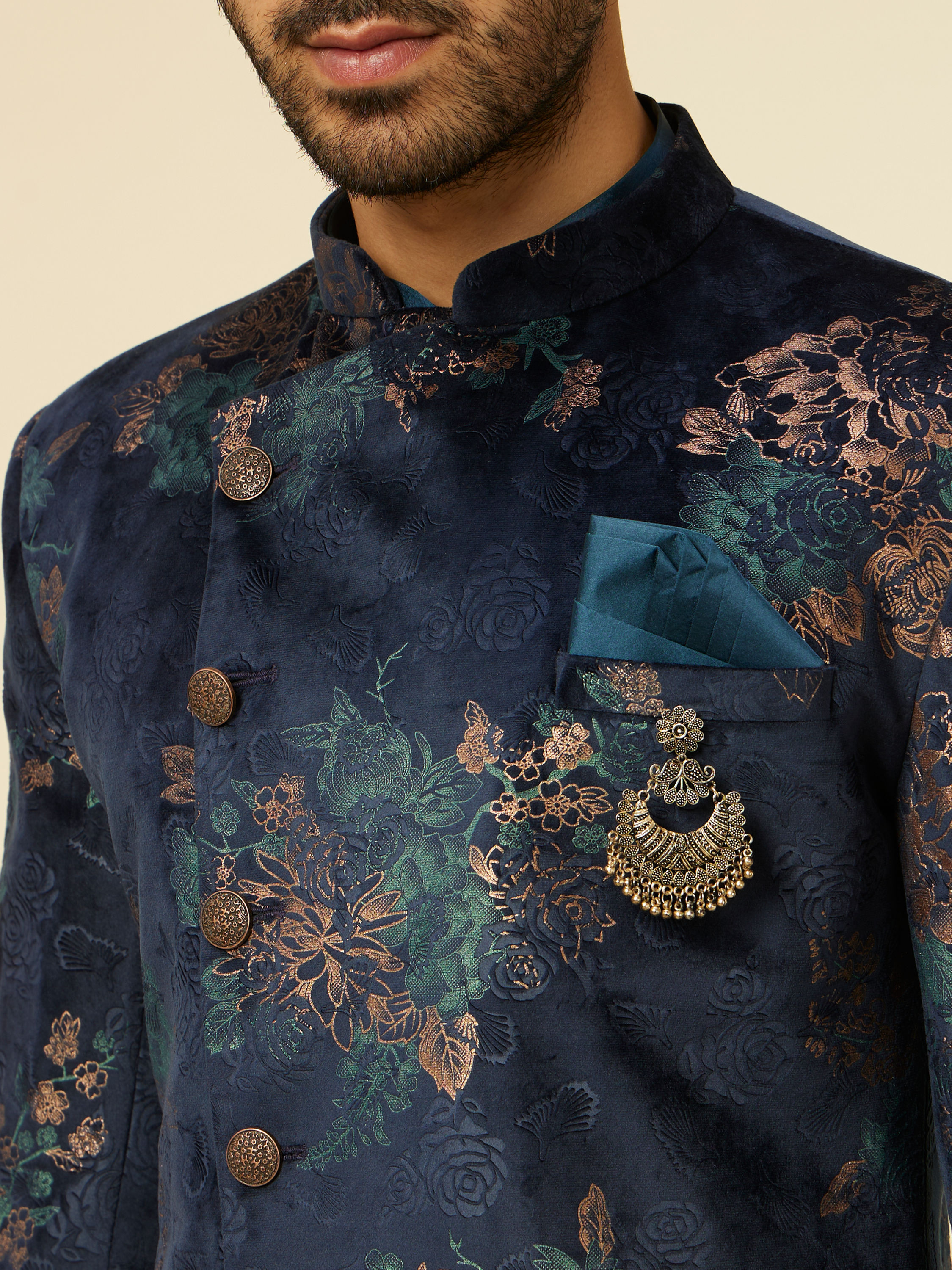Manyavar Men Dark Blue Floral Patterned Indo Western Set