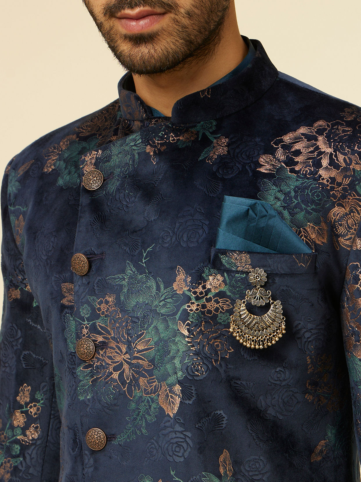 alt message - Manyavar Men Dark Blue Floral Patterned Indo Western Set image number 1