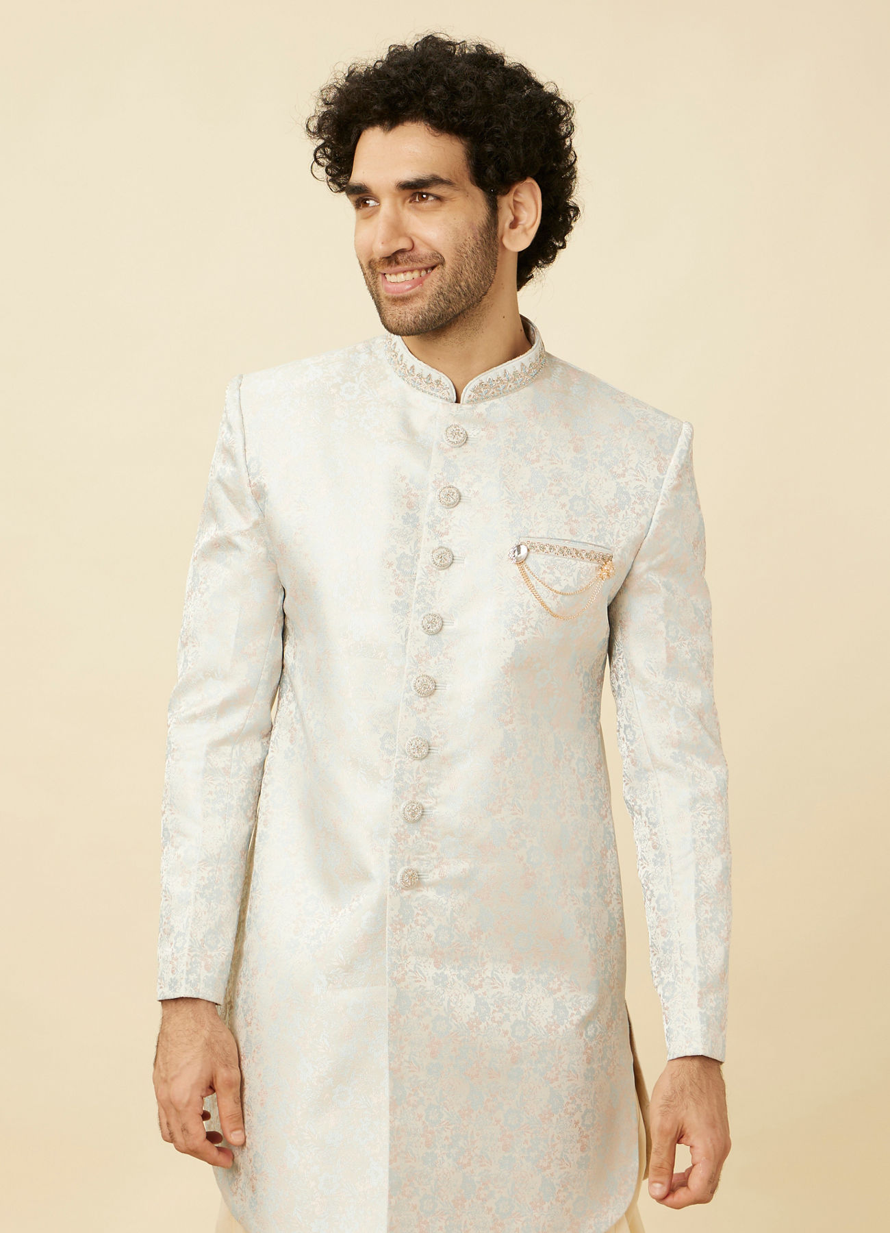 Manyavar Men Cloud Silver Bel Buti Patterned Indo Western Set