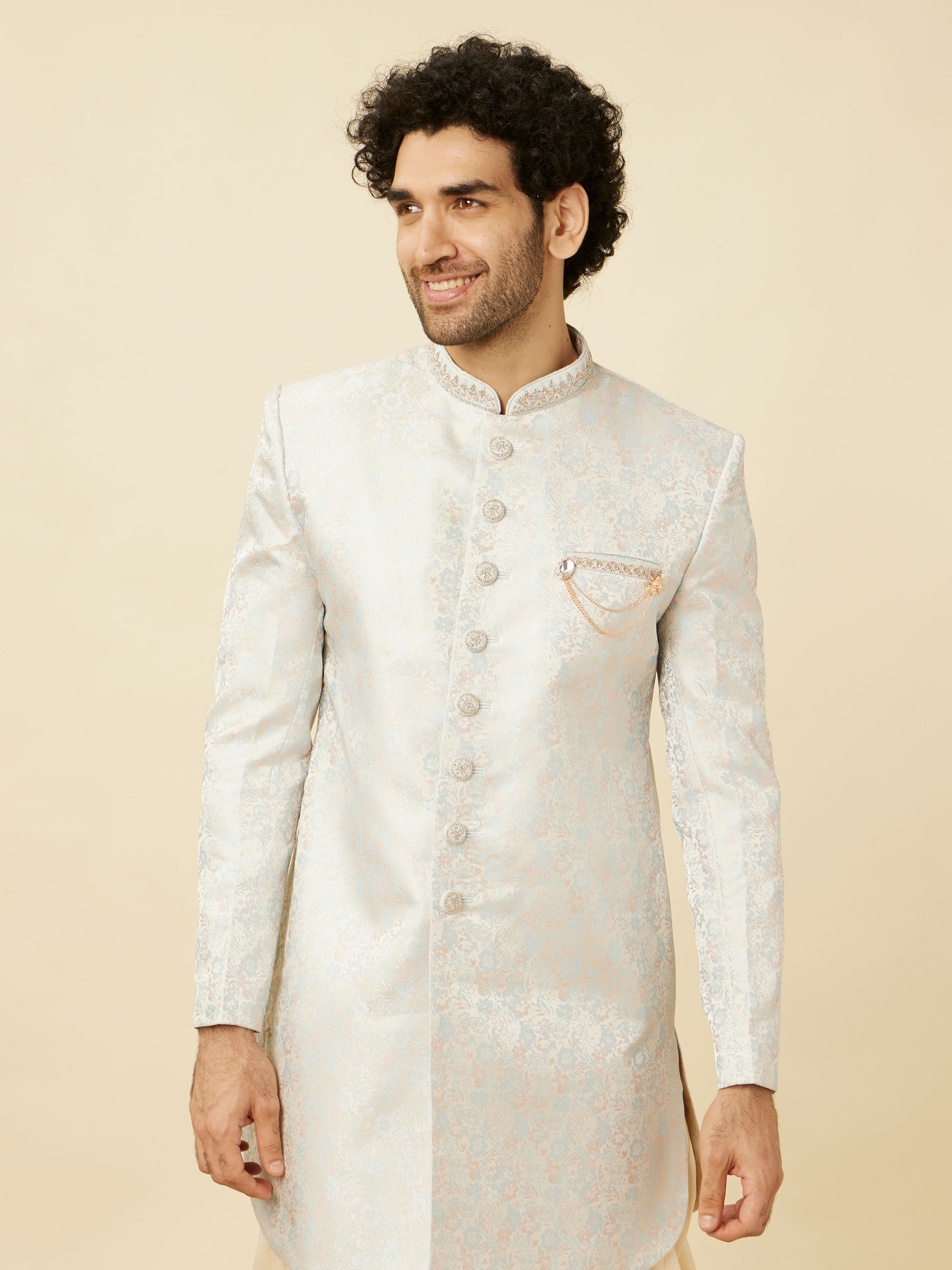 Manyavar Men Cloud Silver Bel Buti Patterned Indo Western Set