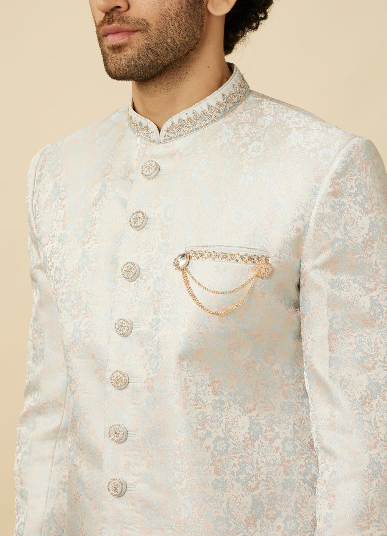 Manyavar Men Cloud Silver Bel Buti Patterned Indo Western Set