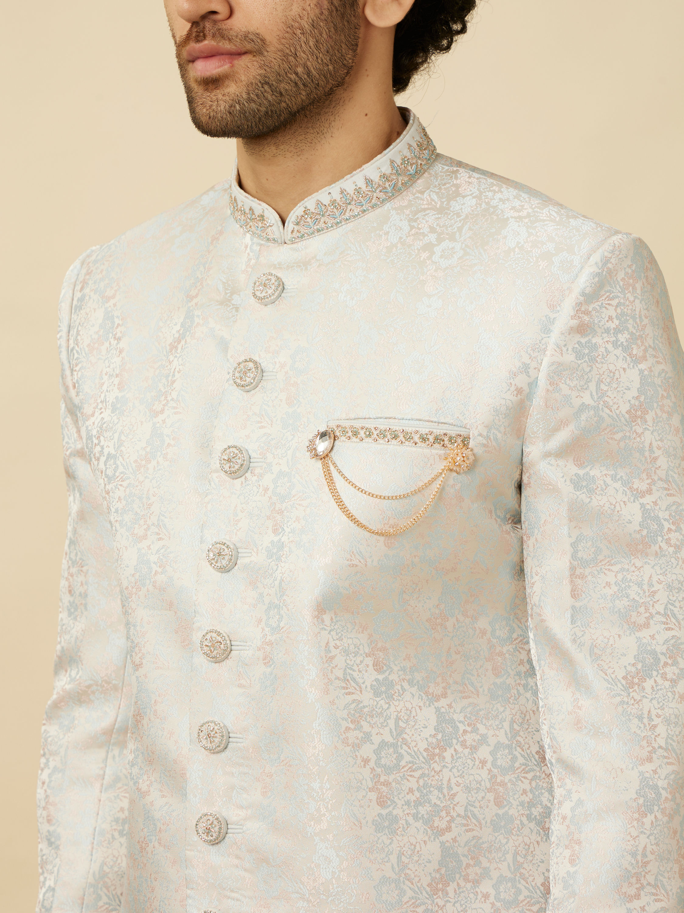 Manyavar Men Cloud Silver Bel Buti Patterned Indo Western Set